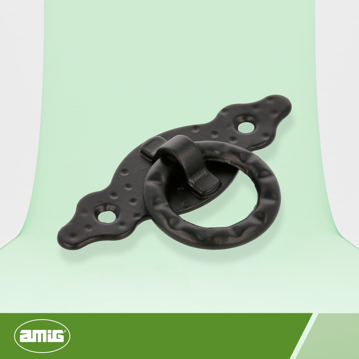 Amig - Maniglie Per Mobili Orizzontale - Modello 1000 - Acciaio - Ferramenta Rustica - 80x28x1,5 mm - Con Anello e Placca Puntinata - Finitura: Nera