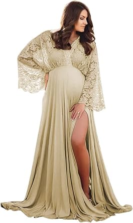yinyyinhs Women's Lace Chiffon Maternity Robes for Photoshoot Long Puffy Sleeves Boho Maternity Gowns with Slit