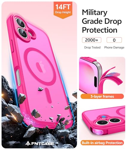 Image of FNTCASE for iPhone 16 Plus Case: [Compatible with Magsafe] Translucent Matte Cases with [Full Camera Protection] [Screen Protector] Military Grade Shockproof Protective Phone Cover - Hot Pink