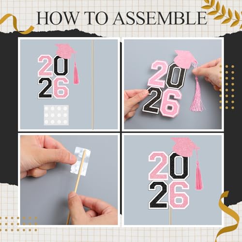 Image of 10 Pcs Graduation Table Centerpieces Sticks with Tassels, class of 2026 Grad Cap Picks Table Decoration Cupcake Toppers for Party Centerpiece Decoration Supplies(Black and Pink)