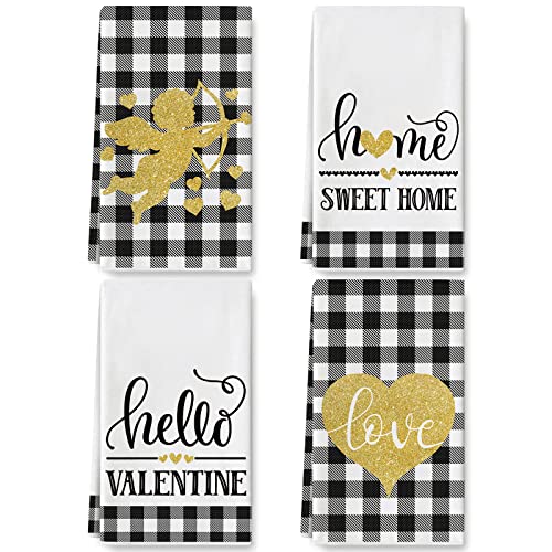 Anydesign Valentine's Day Kitchen Towel Gold Love Cupid Dish Towel 18 X 28 Inch White Black Buffalo Plaids Hand Drying Towel Tea Towel For Wedding Anniversary Cooking Baking, Set Of 4 #TOP21