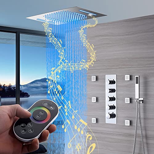 Sistema de ducha Cascada Luxury 15” x 23” con LED, música, altavoces Bluetooth incorporados, 4 funciones (lluvia, cascada, jets para cuerpo y ducha de mano) y control remoto con 64 luces de colores (dorado pulido)