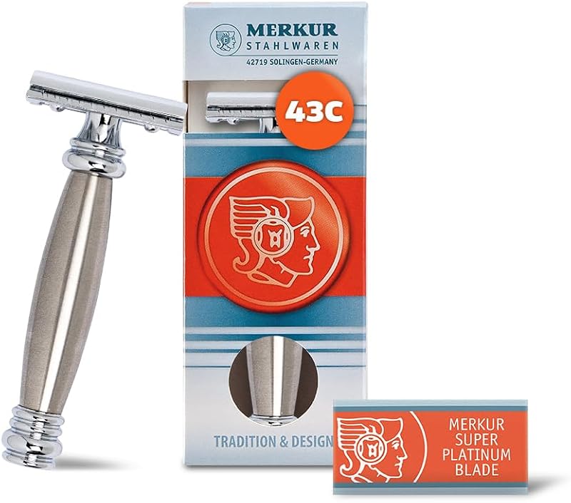MERKUR 43C Aparelho de Barbear de Segurança com Lâmina Dupla, Cabo de Aço Inoxidável, Dois Componentes, Pente Fechado, Barra Reta e Acabamento Cromado Brilhante