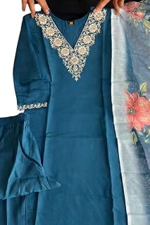 LIZORD FAB Women's Embroidered Kurta Pant Set with Dupatta | Teal Green Straight Kurti with Floral Organza Dupatta | Ethni... Price In India