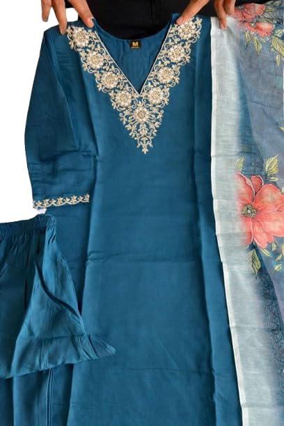 LIZORD FAB Women's Embroidered Kurta Pant Set with Dupatta | Teal Green Straight Kurti with Floral Organza Dupatta | Ethni...