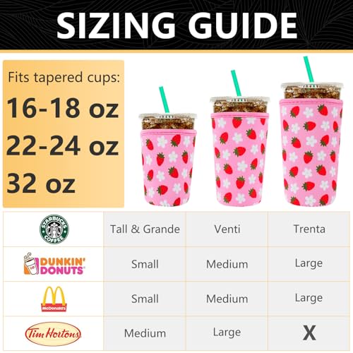 Image of YR Reusable Neoprene Insulator Sleeve for Iced Coffee Cups, 3 Pack Coffee Coolies sleeves for Iced & Hot Drinks, Cold Beverage Cooler Compatible with Starbucks Coffee and More (Strawberry)