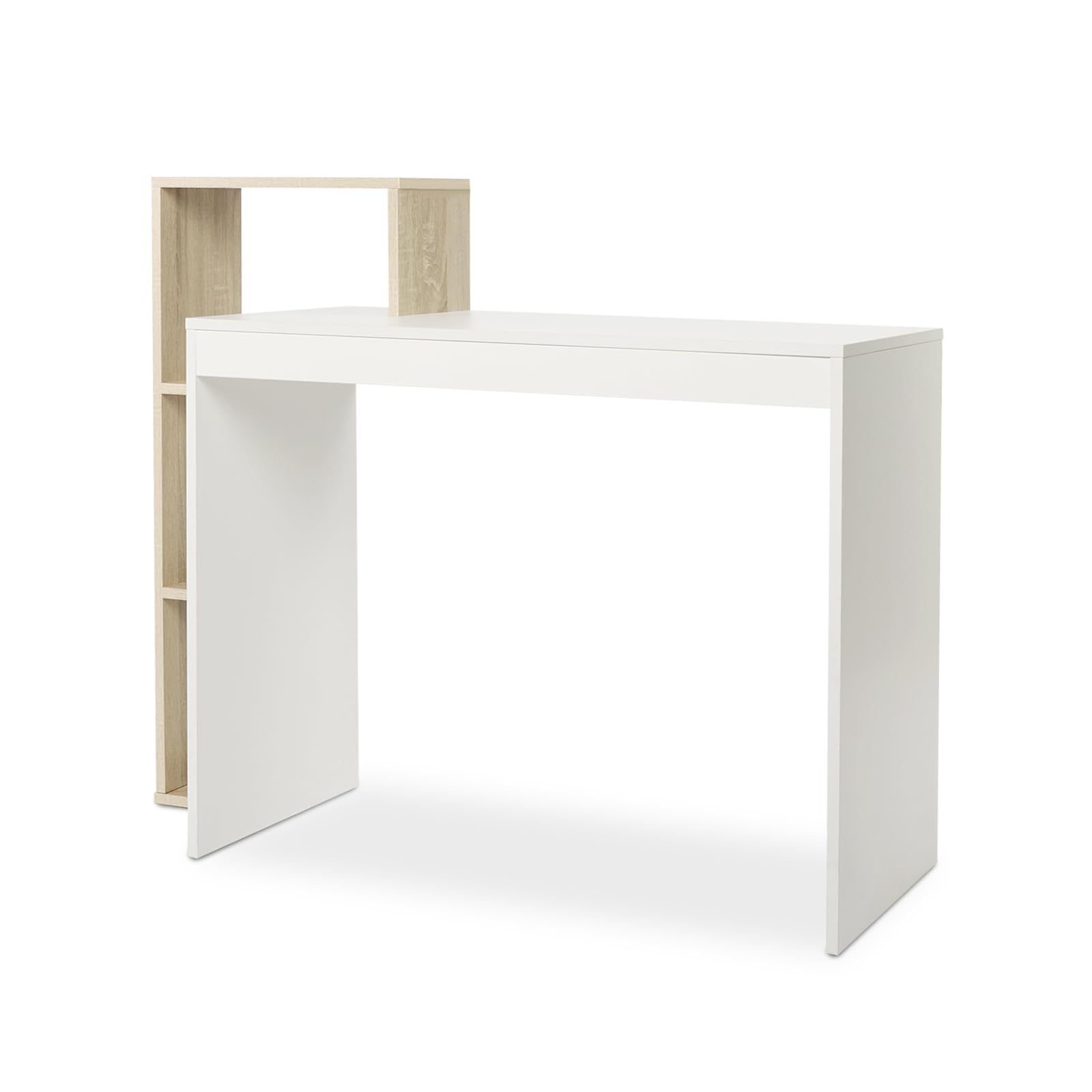 Mondeer Scrivani, Scrivania per Computer con Ripiani a 3 Livelli, Salvaspazio, per Ufficio Domestici Postazioni di Lavoro Camera da Letto Studio, 110 x 40 x 92 cm, Bianco e Legno