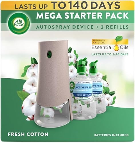 Air Wick Aerosol-Free Automatic Air Freshener Spray | 24x7 Active Fresh Odour Neutraliser | Lasts Up to 2x70 Days | Gadget & 2 Refills, Fresh Cotton