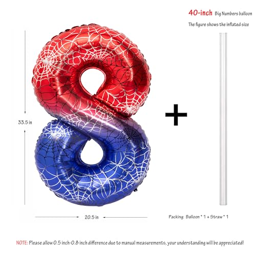 Image of 40 In Red And Blue Spider Theme Large Number 8 Balloon | Giant Large Helium Foil Balloon for Boy or Girl 8 th Birthday Wedding Anniversary Baby Shower Party Decorations