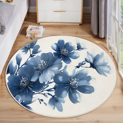 Alfombra Redonda Acuarela Fresca Elegante, Alfombra Índigo Pelo Corto Suave, Alfombras Estampado Flores Azules Antideslizante fácil de cuidar, para Dormitorio Salón Cocina Halls 90cm