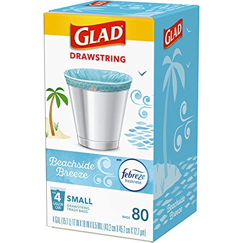 Glad Small Drawstring Trash Bags, 4 Gallon Green Trash Bags For Small Kitchen Or Office Trash Can, Beachside Breeze With Febreze Freshness To Eliminate Odors, 80 Count - Packaging May Vary #TOP7