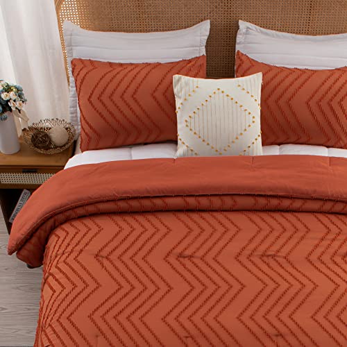 Litanika Queen Comforter Set Burnt Orange, Boho Terracotta Summer Lightweight Fluffy Bedding Set & Collections For Queen Bed, 3 Pieces Rust Quilt Blanket (90X90Inches, 1 Comforter And 2 Pillow Shams) #TOP6