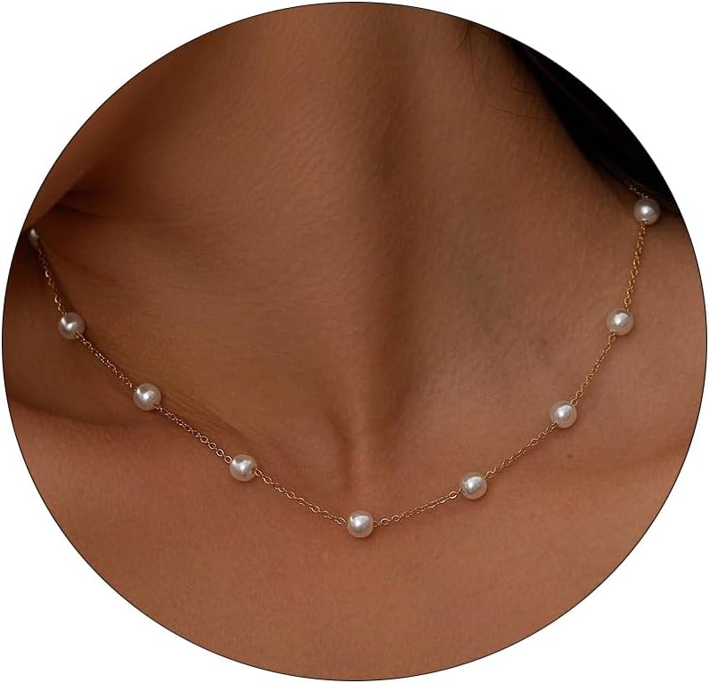 Pearl Necklaces for Women, Dainty 14K Gold/Silver Plated Pearl Necklace Simple White Pearls Choker Necklace Elegant Tiny Small Pearl Necklaces Wedding Jewelry Gift