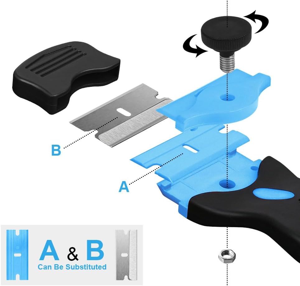 Ainiv Razor Blade Scraper, 2-in-1 Scraper Tool with 10PCS Metal Blades and 10PCS Plastic Blades, Multi-funtional Cleaning Razor Scraper for Decals, Stickers, Labels, Caulk, Adhesive Removal(Blue) thumbnail