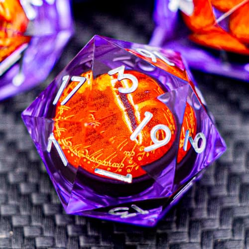 ARUOHHA DND Resin Dice Gazes Eye Dice Silver Purple Liquid Core Flaming RPG Sharp Edged Dice Set with Gift Box, Polyhedral D and D Dice Set Compatible with Dungeons Dragons Role Playing Game D20 D6