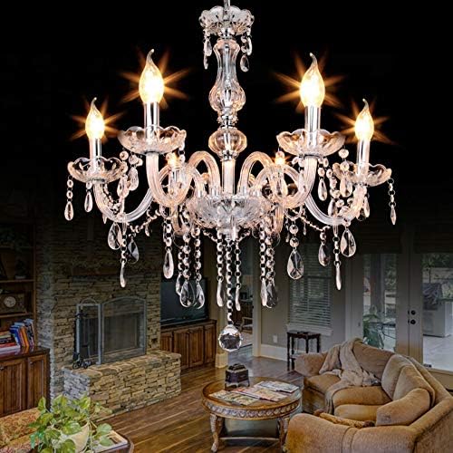 TRY-YEAN Modern 60CM Clear Crystal Chandelier with 6 Lights, Large Adjustable K5 Crystal Droplet Glass Ceiling Light E14 Bulb Base Elegant Pendant Light Fixture for Bedroom Living Room Dining Room