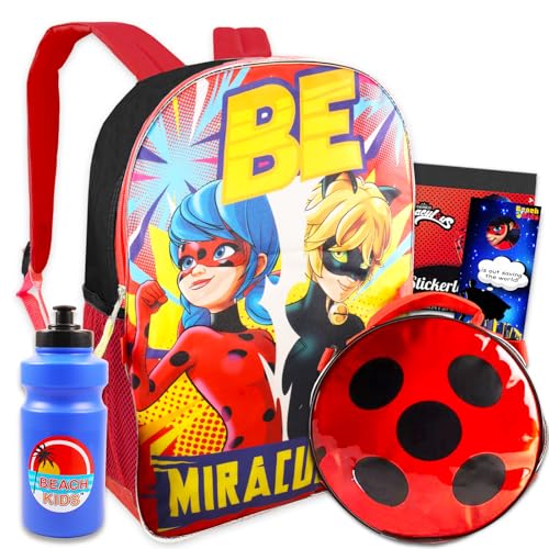 Conjunto escolar Miraculous Ladybug e lancheira - Pacote com mochila Miraculous Ladybug de 40,64 cm, lancheira isolada, garrafa de água e mais (material escolar de joaninha iraculosa),
