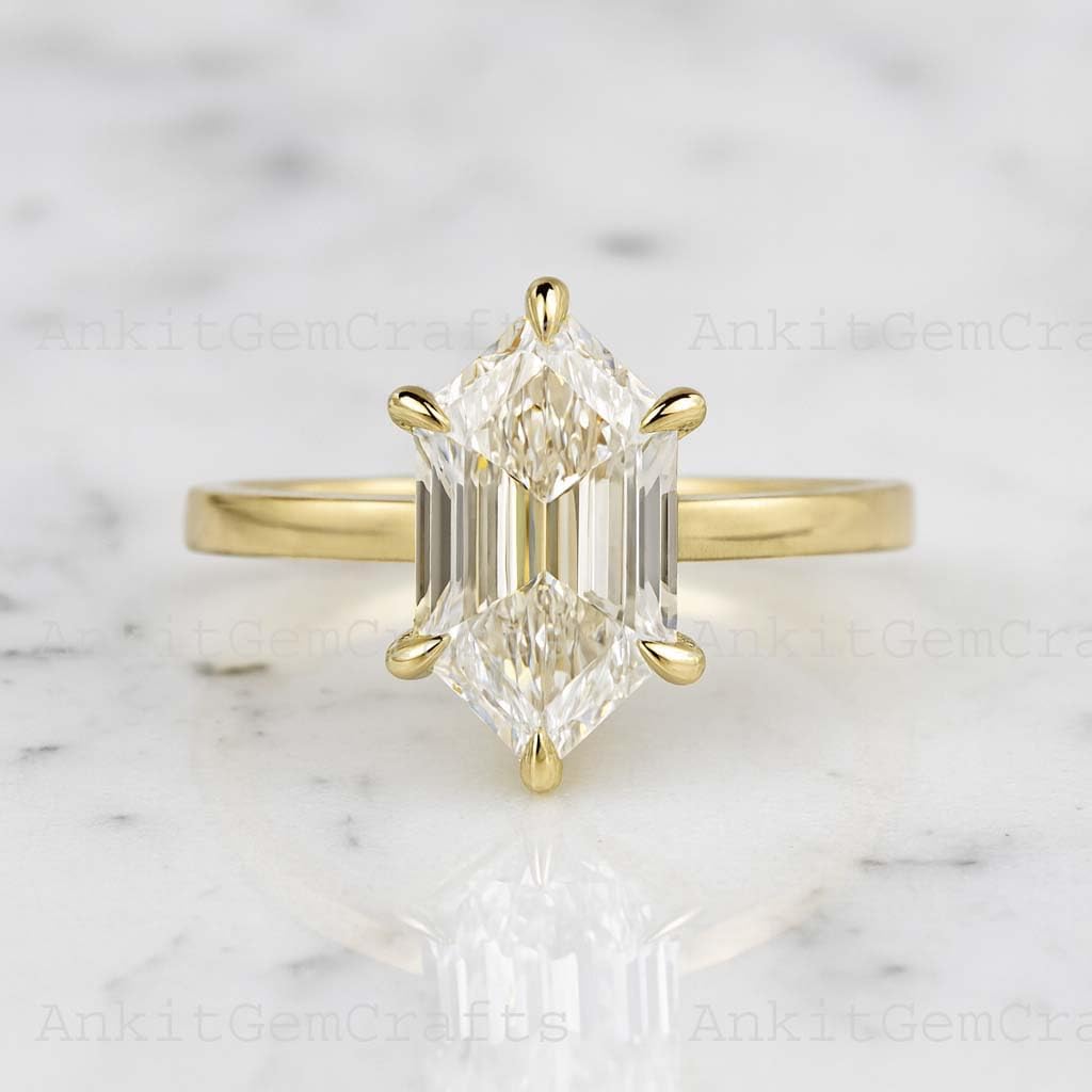 14K Gold Hexagon Moissanite Ring for Women Solitaire Engagement Ring Handmade Yellow Gold Statement Ring Geometric Wedding Jewelry Gift for Wife or Girlfriend