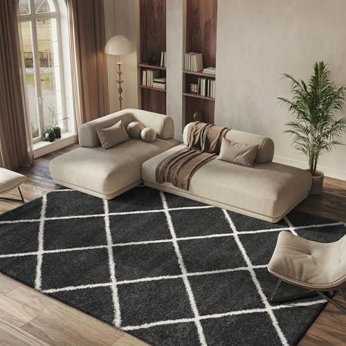 SAFAVIEH Hudson Shag Collection Area Rug - 9' x 12', Dark Grey & Ivory, Modern Trellis Design,...