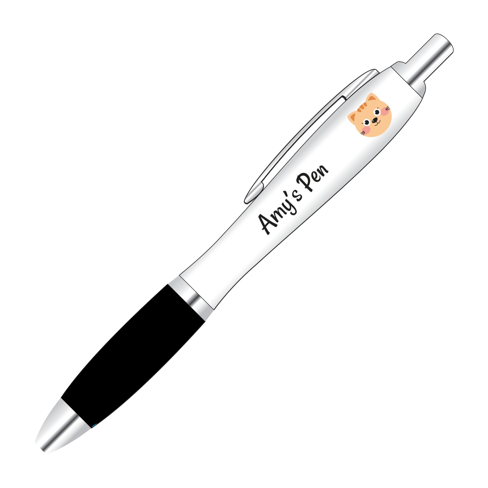 Personalised full colour printed cat design pen with custom name or short message and a black coloured grip.
