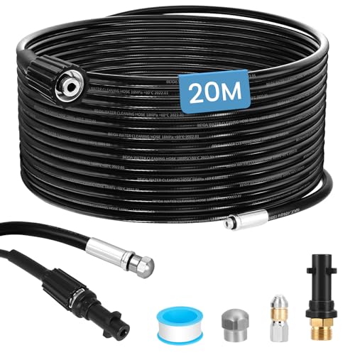 Tuyau Déboucheur Canalisation pour Nettoyeur Haute Pression 20m, 400 Bar/5800 PSI, avec Buses à Jet et Rotative,Compatible avec Karcher K2 K3 K4 K5 K6 K7...