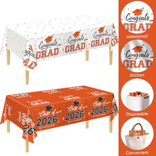Image of Oigco Graduation Decorations Class of 2026, 2 Pack Orange Graduation Tablecloths, Congrats Grad Plastic Table Cloths for Graduation Party Decorations, 54 x 108 Inch