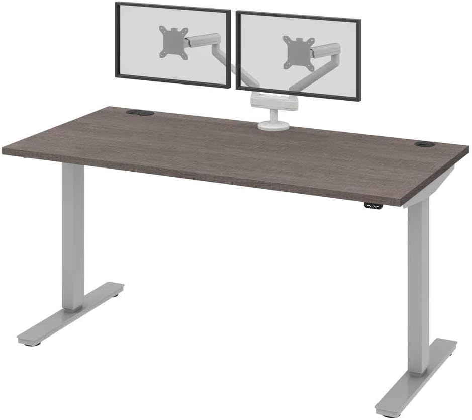 Bestar Upstand 60W x 30D Standing Desk with Dual Monitor Arm in Bark Grey, Ergonomic Electric Table for Home Office