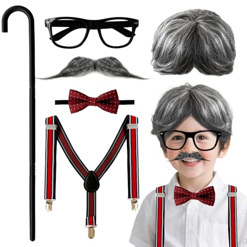 Eerrhhaq Old Man Costume for Men Gray Old Man Wig Grandpa Costume Accessories Set for 100th Day of School Dress-Up Halloween Cosplay