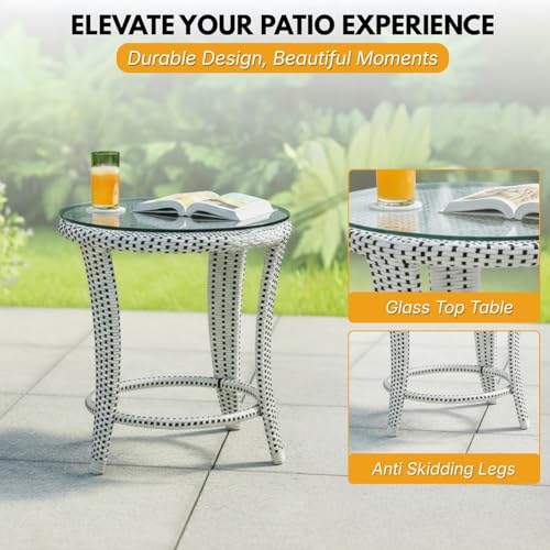 Image of DEVOKO Outdoor Patio 3-Piece Wicker Chair Table Set with Double Waving HDPE Rattan All Weather Resistant Furniture with Glass Top Table & Comfy Seat (White Black & Yellow)