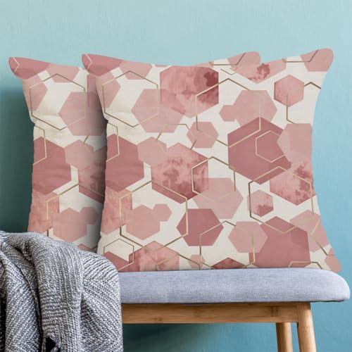 Sorktse Boho Pink Pillow Covers 18x18 Inch Abstract Pink Gold Geometric Throw Pillow Covers Set of 2 Modern Art Pillow Cases Outdoor Decor for Living Room Bedroom Linen Square Cushion — view 2