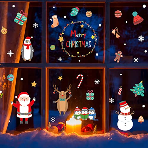 Decoraciones para ventanas Copos de nieve de Navidad Calcomanías para ventanas de Papá Noel Adhesivo estático removible Pegatinas de doble cara para la decoración de ventanas de Navidad Cover