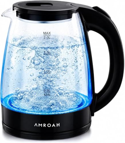2L Electric Glass Tea Kettle 1500W Fast Boil Blue LED Light 360 Cordless Base Stainless Steel & Borosilicate Large Capacity with Water Level Gauge