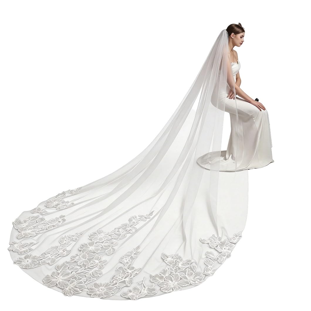 Velo de novia catedral de encaje 300 x 250 cm velo largo blanco roto con peineta 8