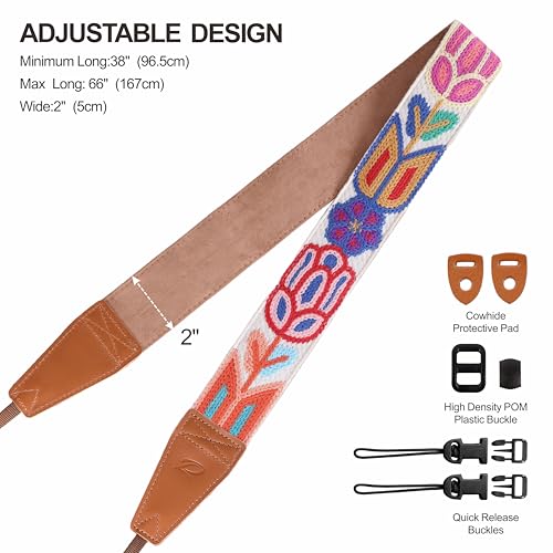 Image of Padwa Lifestyle Colorful Crochet Camera Strap - 2 inch Full Grain Leather Ends Camera Straps for Photographers, Vintage Woven Cotton Soft Suede Fabric Padded Strap with Quick Release fits All Cameras