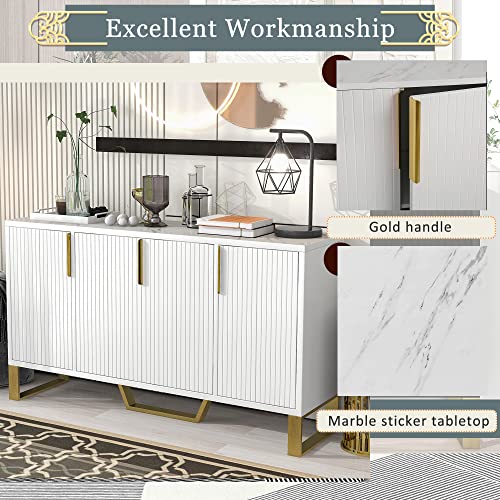 P Purlove Modern Sideboard, Simple And Luxury Style Sideboard With Gold Metal Legs And Handles, Particle Board And Mdf Board Cabinet With 4 Doors And Adjustable Shelves (White) #TOP5