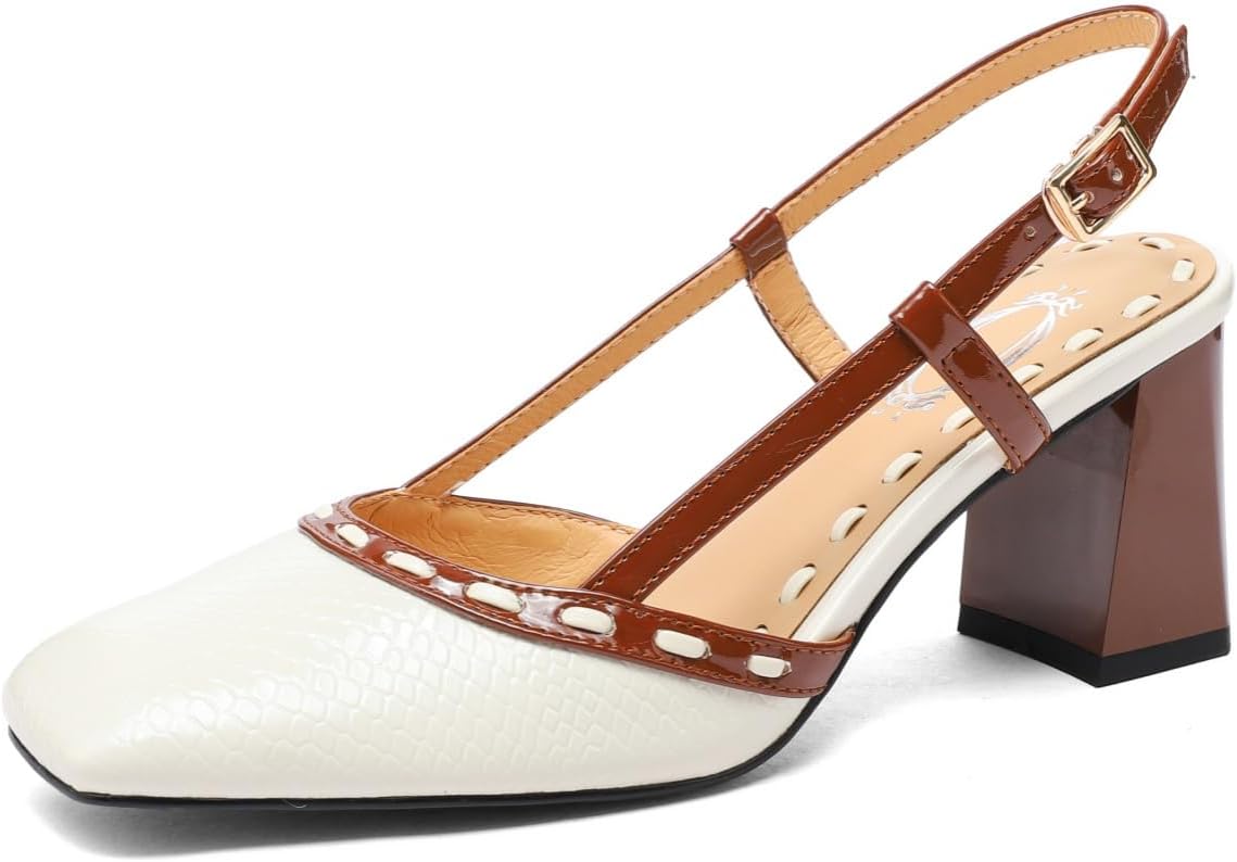 TinaCus Closed Square Toe Handmade Block Heels Sandals Genuine Leather Women's Slingbacks