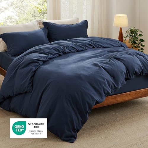 Image of Bedsure Duvet Cover King Size with Fitted Sheet - 4 Pieces Prewashed Polyester Soft Bedding Set, Includes 1 Duvet Cover 104x90 Inches with Zipper Closure, 2 Pillow Shams, 1 Fitted Sheet, Navy Blue