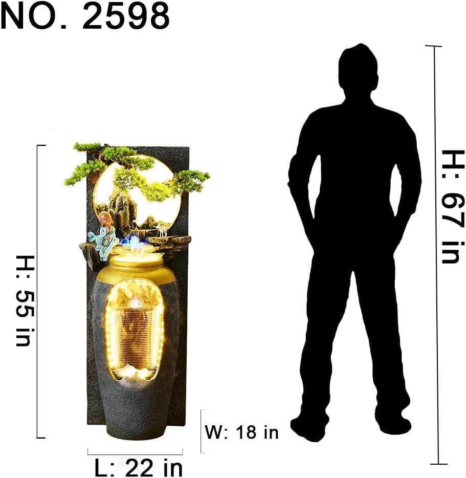 Tall Zen Waterfall Fountain with LED Lights and Bonsai Accents – Indoor/Outdoor Tranquility Fountain for Home, Garden, or Office Decor(2598)