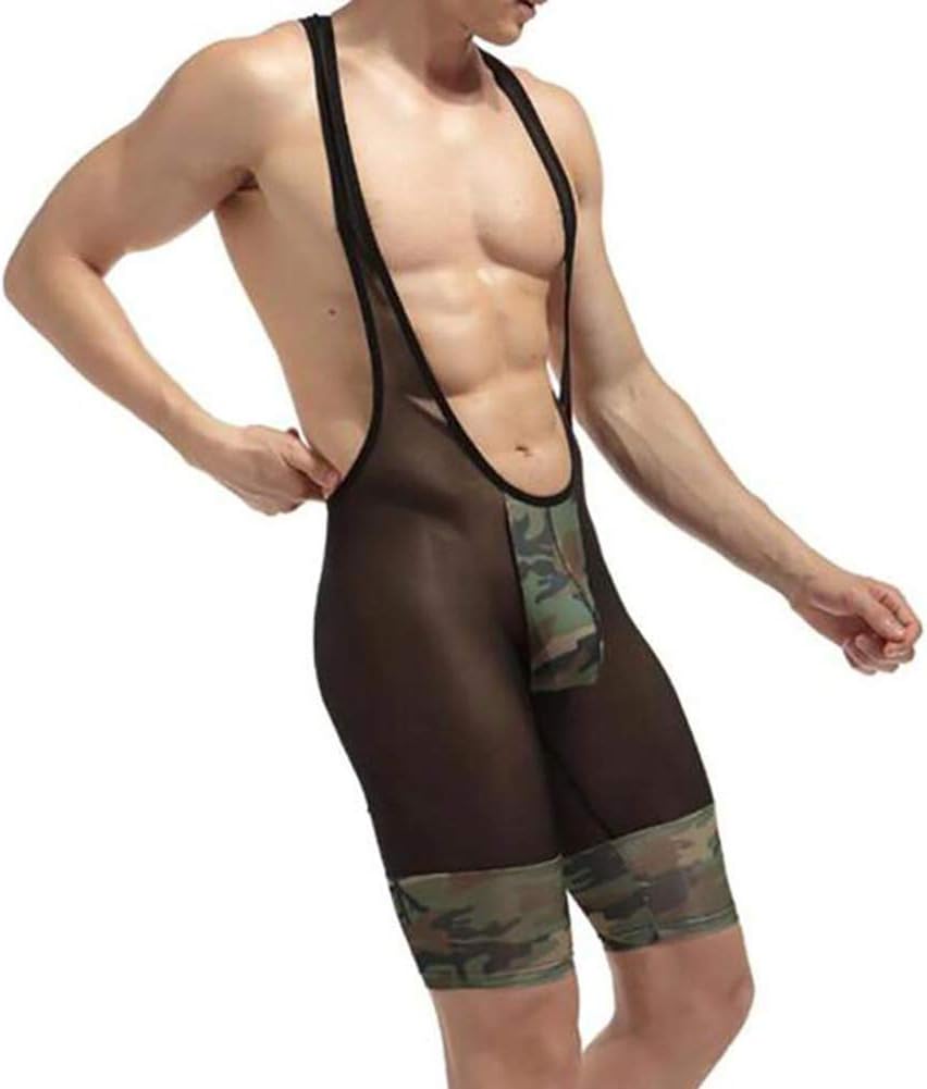 Men Suspender Underwear Mesh Breathable Camouflage Boxer Briefs Wrestling Singlet