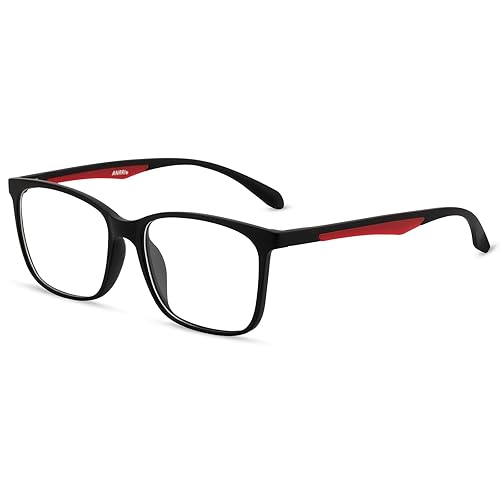 ANRRI Blue Light Blocking Glasses, Anti Eyestrain Lens Lightweight Frame Eyeglasses, Black Fream Red Temple, Men/Women…