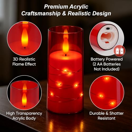Image of Raycare Flameless Candle with Remote Timer, 3 Flickering Acrylic Battery Operated LED Pillar Candles with Embedded Star String for Christmas, Home Decor, and as a Gift(Red)