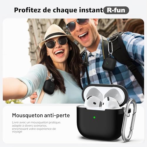 R-fun Coque pour AirPods 4 avec kit de Nettoyage, Coque de Protection complète en Silicone Souple avec Porte-clés pour AirPods 4e génération pour Homme et Femme, Noir – vue 2