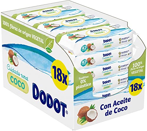 Dodot Toallitas Cuidado Total Coco para Bebé, 756 Toallitas Bebé con Aceite de Coco, 18 Paquetes (18 x 42)