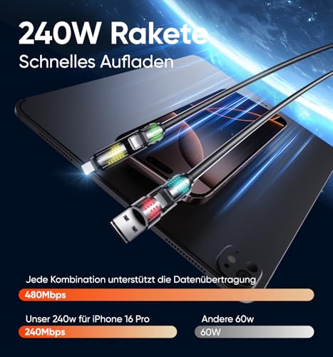 MAGIC JOHN 240W 4 in 1 USB C Kabel, ladekabel usb c, schnelles Laden & Datensynchronisation Multi-Ladekabel für iPhone iPad Samsung Laptop Multi-Geräte-Ladung, 2M schwarz