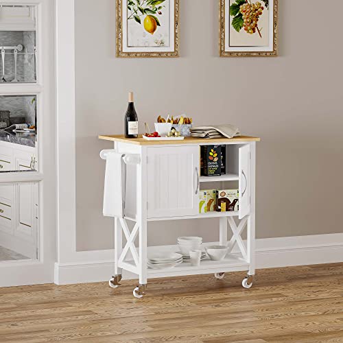 Spirich Kitchen Island on Wheels, Rolling Kitchen Cart with Storage Cabinet, Small Kitchen Island with Drop Leaf and Towel Rack for Dining Room, White - Thumbnail 2