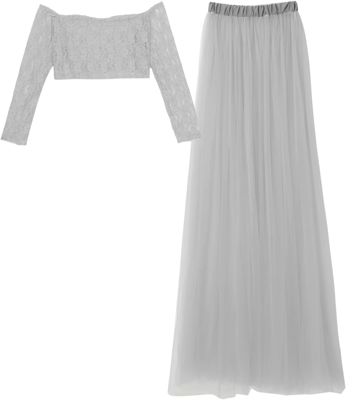 Alvivi Women Maternity Photoshoots Outfit Off Shoulder Long Sleeve Lace Crop Top Floor Length Tulle Skirt Set