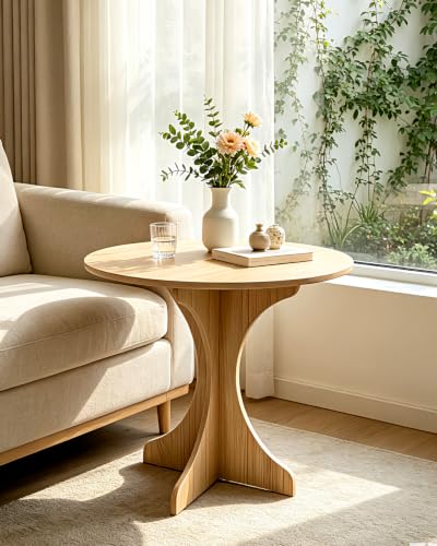 Modern Round Side Table, Walnut Minimalist Accent End Table with