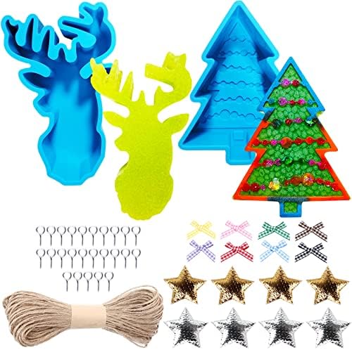 Car Freshies Molds, Chiristmas Tree & Elk Silicone Freshie Making Kit Silicone Aroma Bead Car Freshie Supplies with Star Bow Decoration for Freshies Resin Soap Candles Clay
