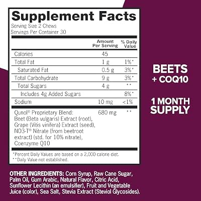 Qunol Beets Chews for Blood Pressure Support, 3 in 1 Beets + CoQ10 + Grape Seed Extract, Supports Healthy Blood Circulation & Heart Healthy Energy, 60 Chews