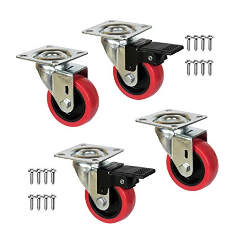 QC-EMILY50G22P 4 Ruedas para muebles 2 con freno y 2 sin freno. Diámetro 50mm con placa de montaje y tornillos incluidos. No marca el suelo. Silenciosa. Cojinete Liso. (50, ROJO)